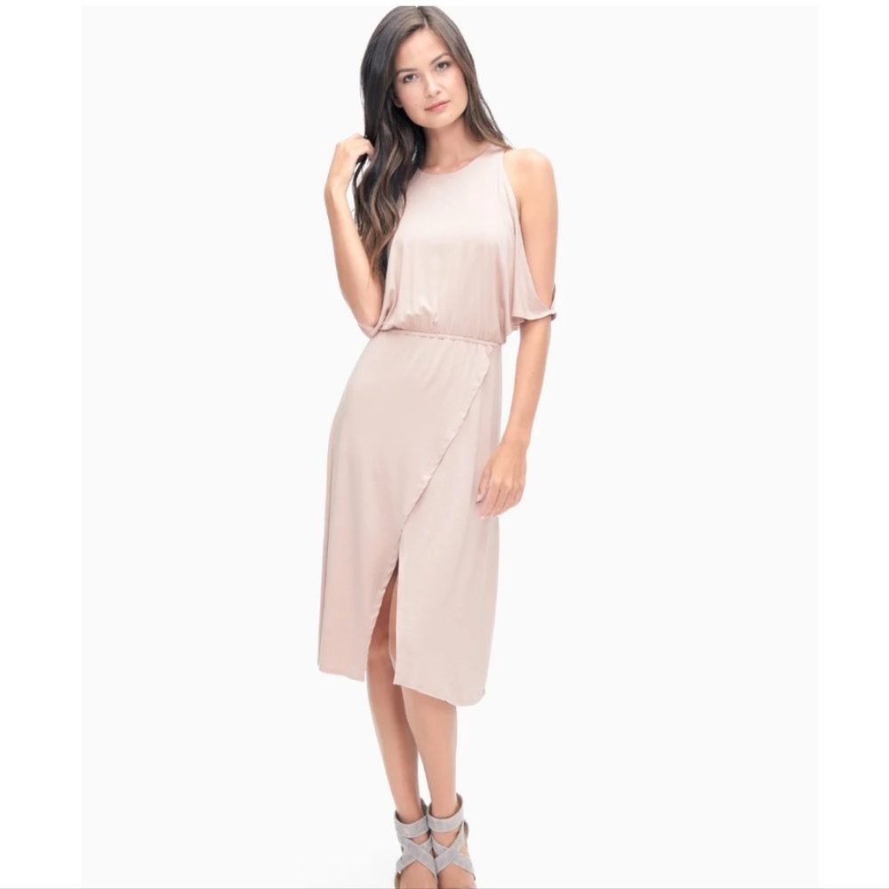 NWT Splendid Cold Shoulder Pink Drape‎ Dress with Faux Wrap Skirt Tie Waist XL